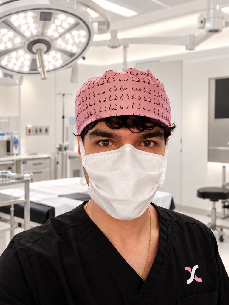 Dr. Mehrad Jaberi in a pink scrub cap and mask, standing in a modern operating room